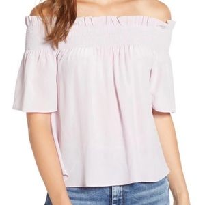 7 For All Mankind Off-Shoulder Smocked Silk Blouse in Powl Lavender